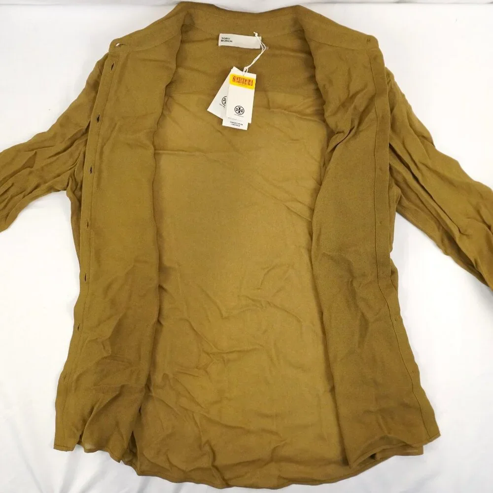 Tory Burch Cuffed Button Down Viscose Shirt in Ash Green - Women's Size 6 (NWT)
